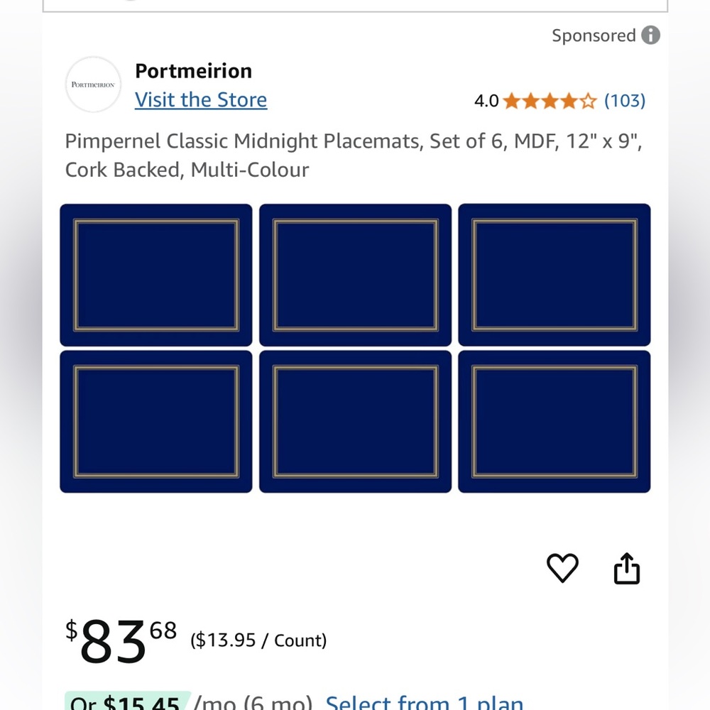 Portmeirion Midnight Blue Placemats Set of 6